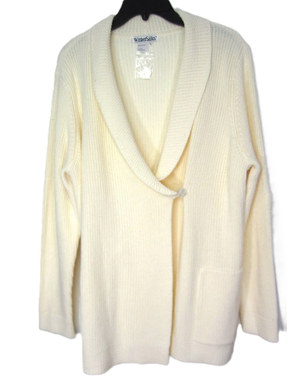 WinterSilks NEW Size L 100% Cotton Cardigan Ivory Cream Shawl Collar Spring